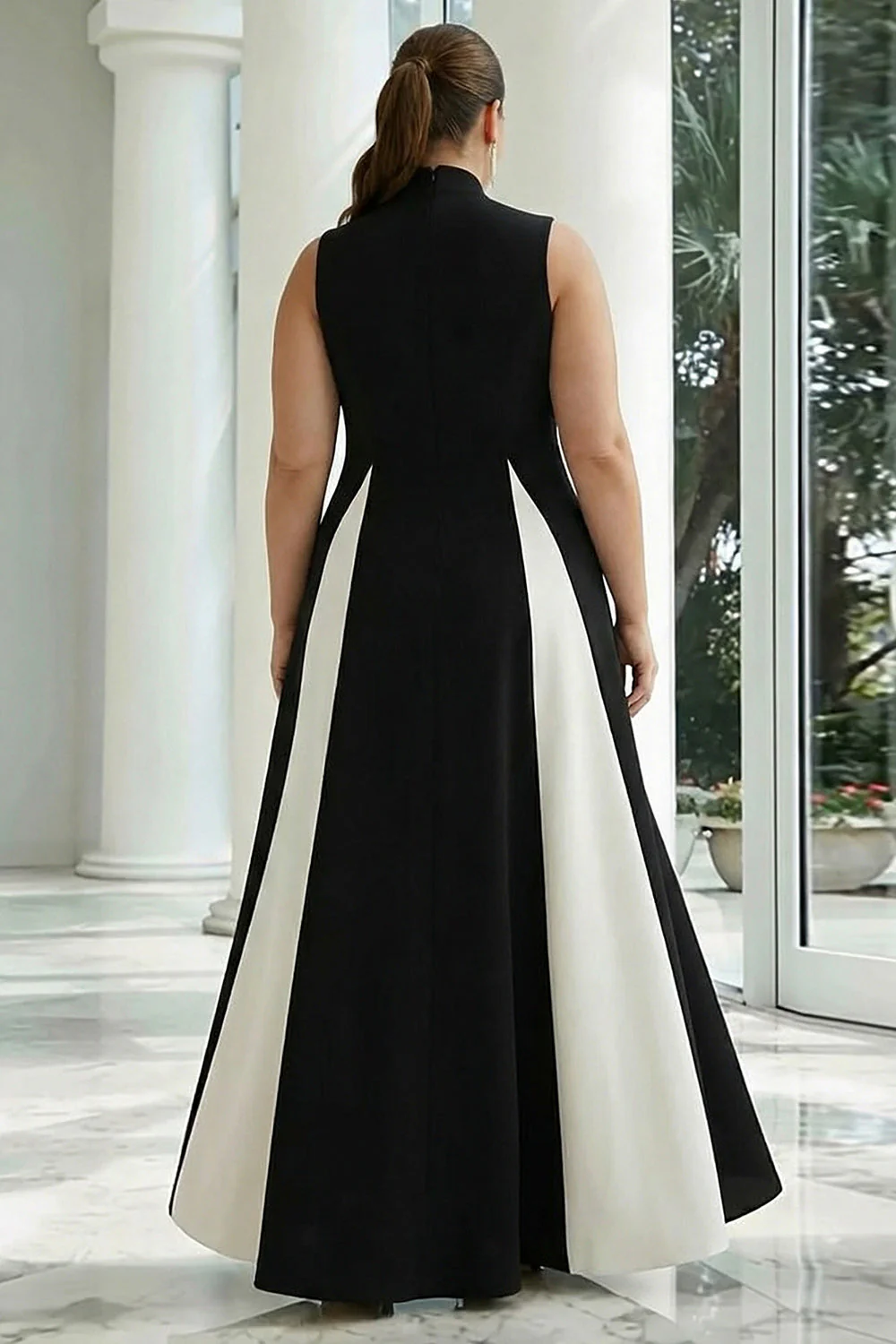 Plus Size A-Line High Neck Long Black Tie Dress with Pockets - Image 2