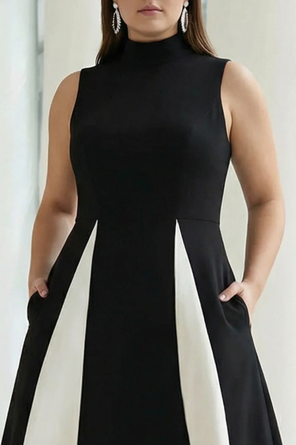 Plus Size A-Line High Neck Long Black Tie Dress with Pockets - Image 3