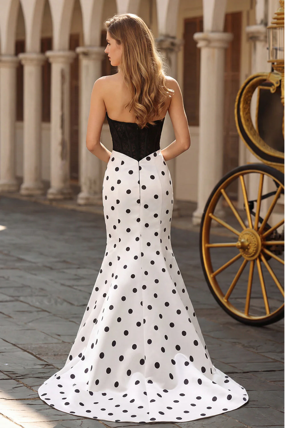 Black and White Polka Dots Sweetheart Mermaid Long Corset Prom Dress - Image 2