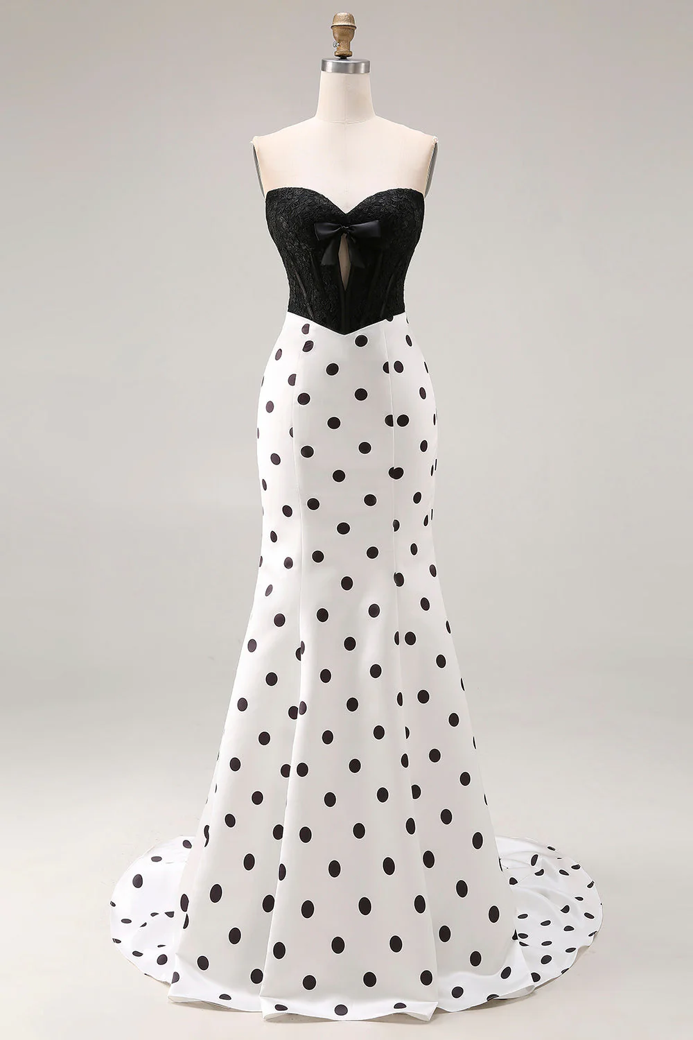 Black and White Polka Dots Sweetheart Mermaid Long Corset Prom Dress - Image 3