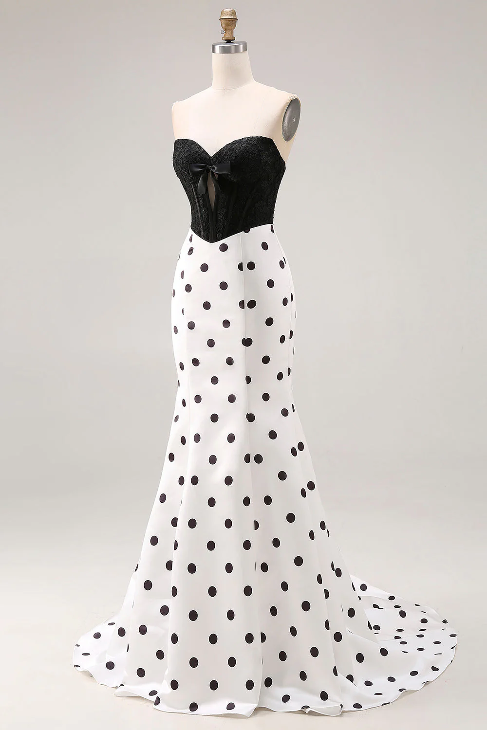 Black and White Polka Dots Sweetheart Mermaid Long Corset Prom Dress - Image 5