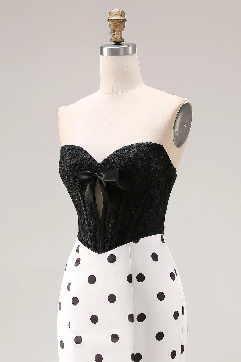 Black and White Polka Dots Sweetheart Mermaid Long Corset Prom Dress - Image 8