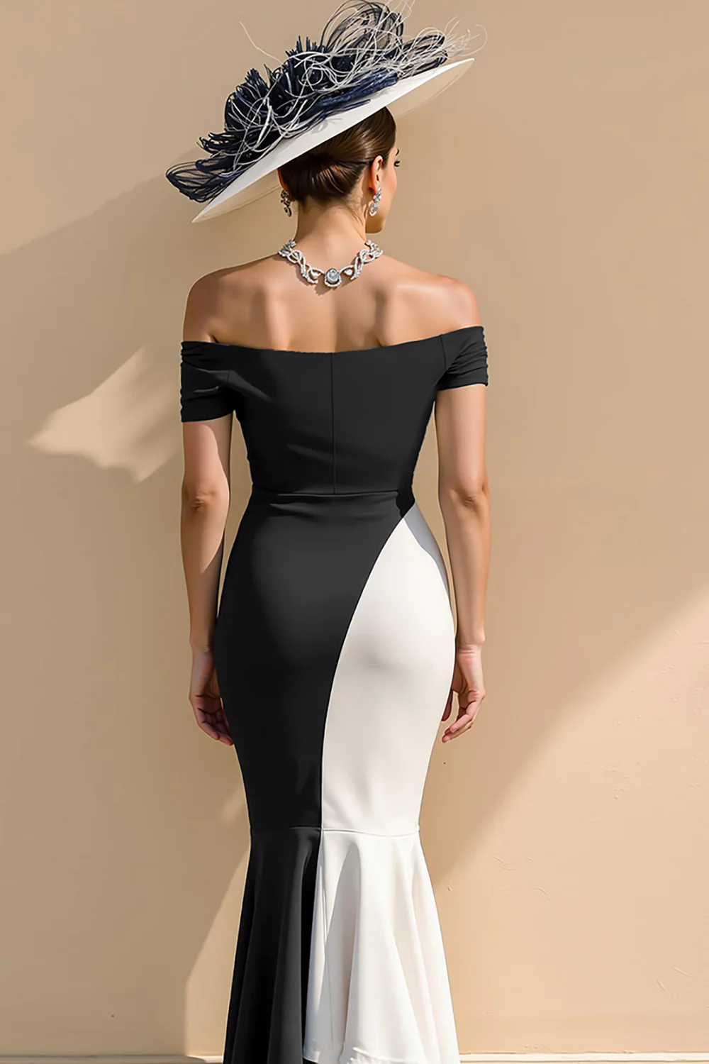 Black and White Satin Mermaid Off the Shoulder Long Mother of the Bride Dress - Image 2