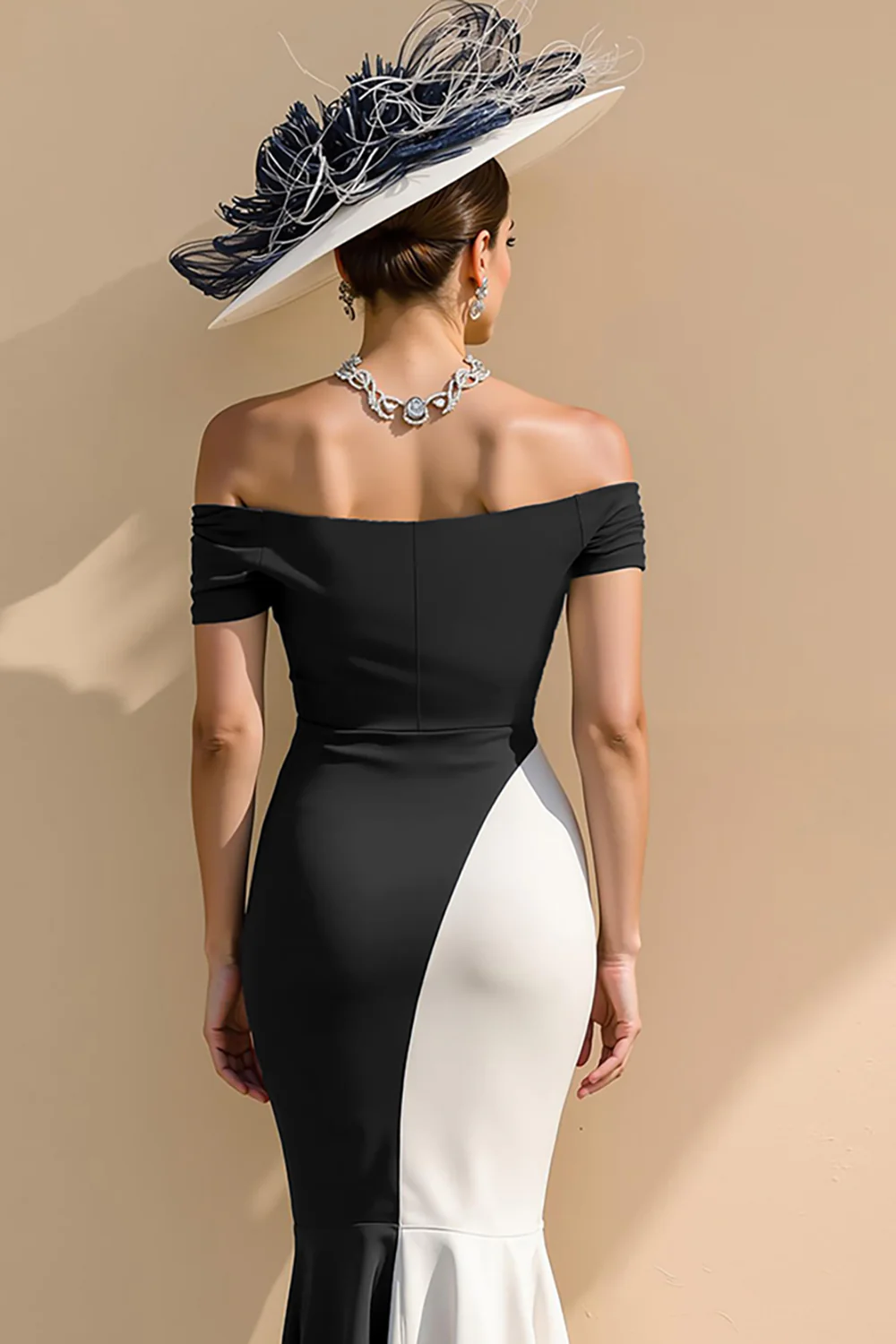 Black and White Satin Mermaid Off the Shoulder Long Mother of the Bride Dress - Image 3