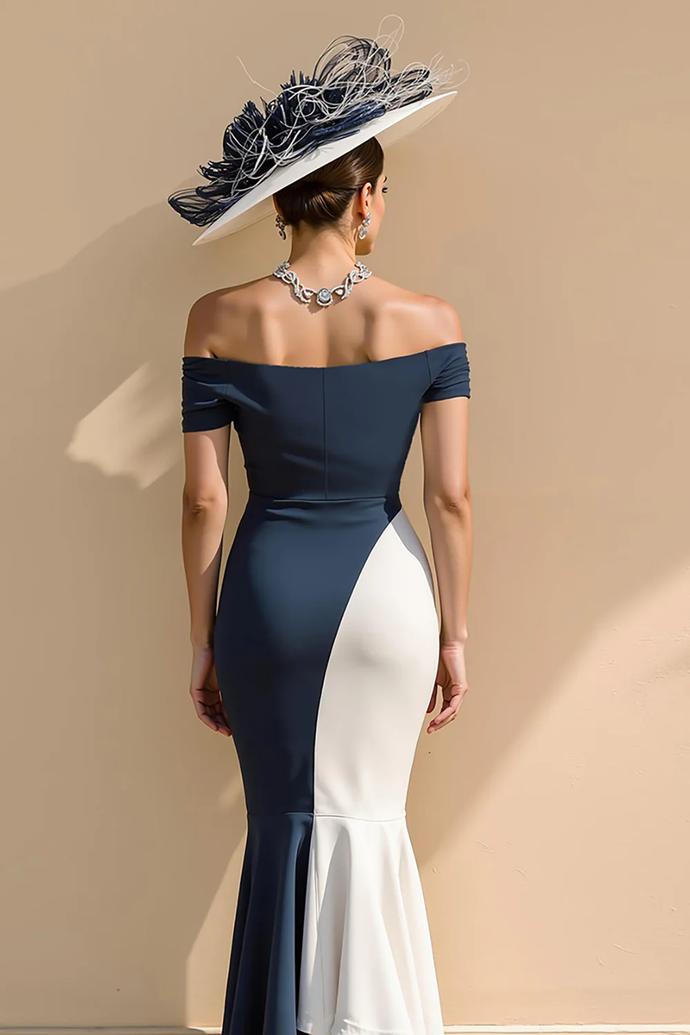 Black and White Satin Mermaid Off the Shoulder Long Mother of the Bride Dress - Image 6