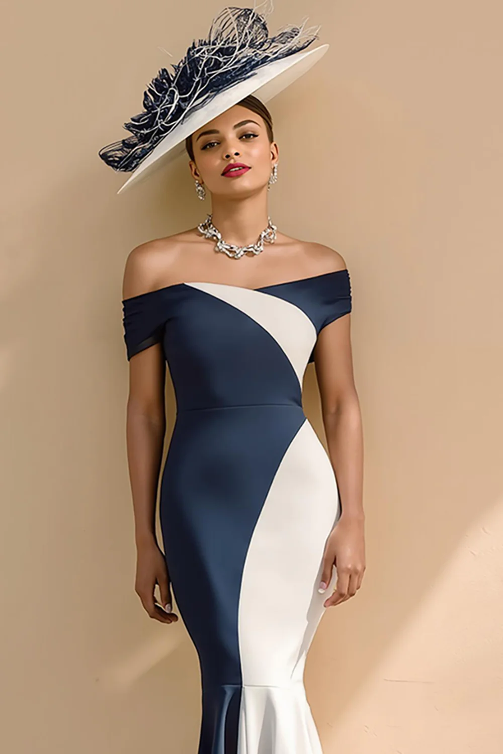 Black and White Satin Mermaid Off the Shoulder Long Mother of the Bride Dress - Image 7