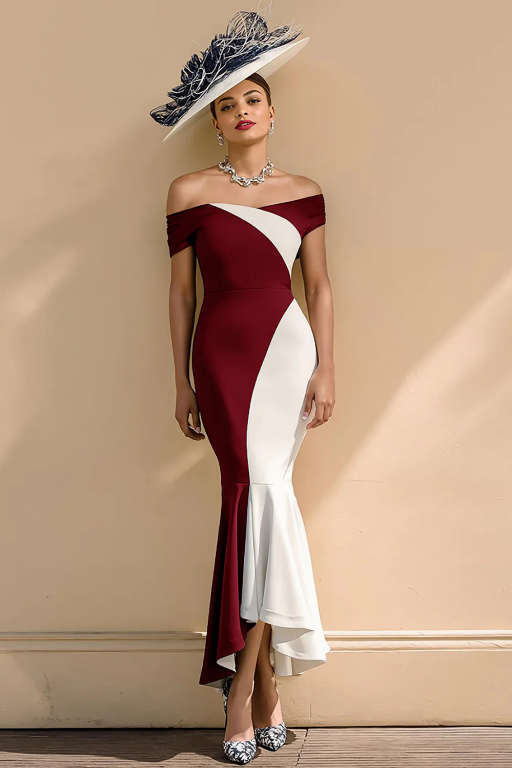 Black and White Satin Mermaid Off the Shoulder Long Mother of the Bride Dress - Image 9