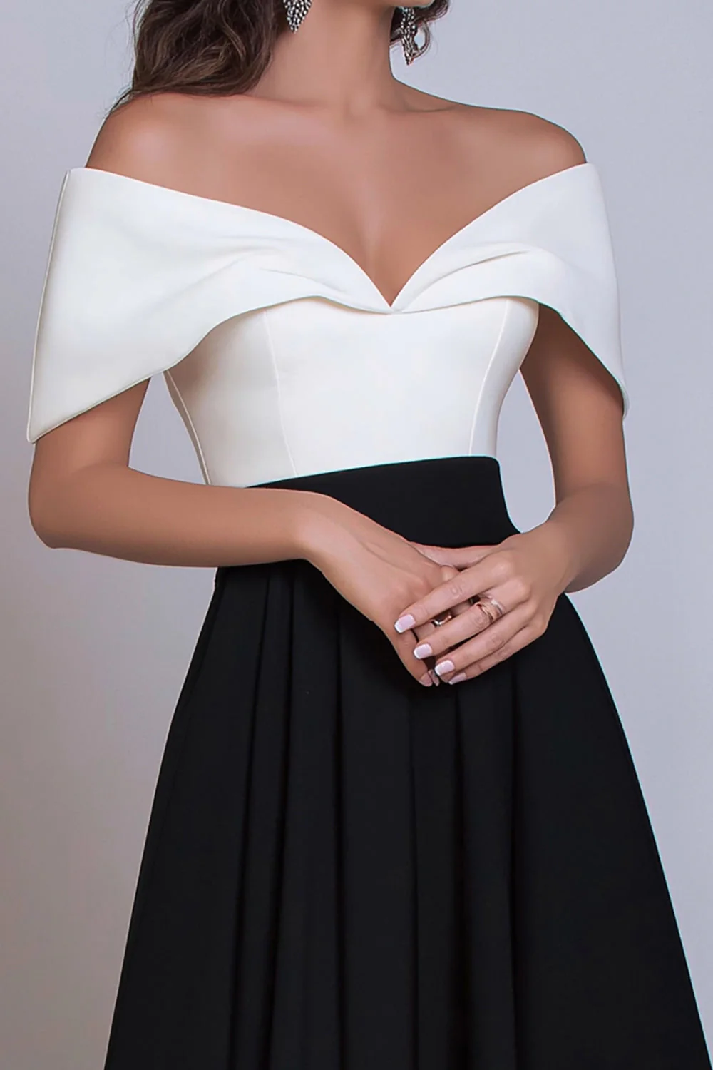 Black and White Satin Off the Shoulder Long Evening Dress - Image 2