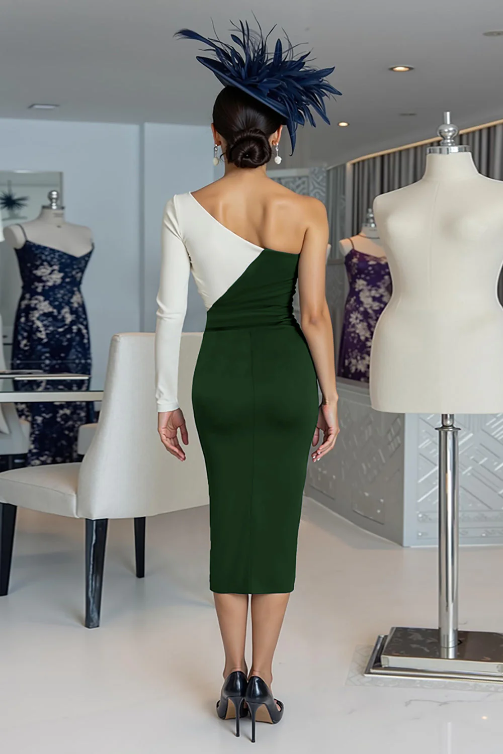 Black and White Sheath One Shoulder Midi Mother Of The Bride Dress - Image 10