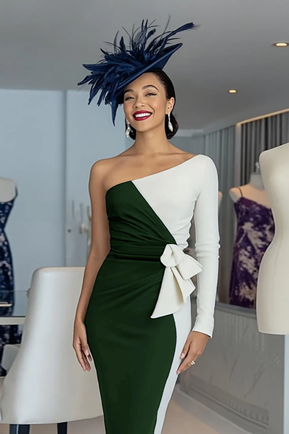 Black and White Sheath One Shoulder Midi Mother Of The Bride Dress - Image 11