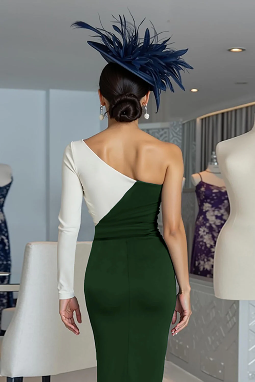 Black and White Sheath One Shoulder Midi Mother Of The Bride Dress - Image 12