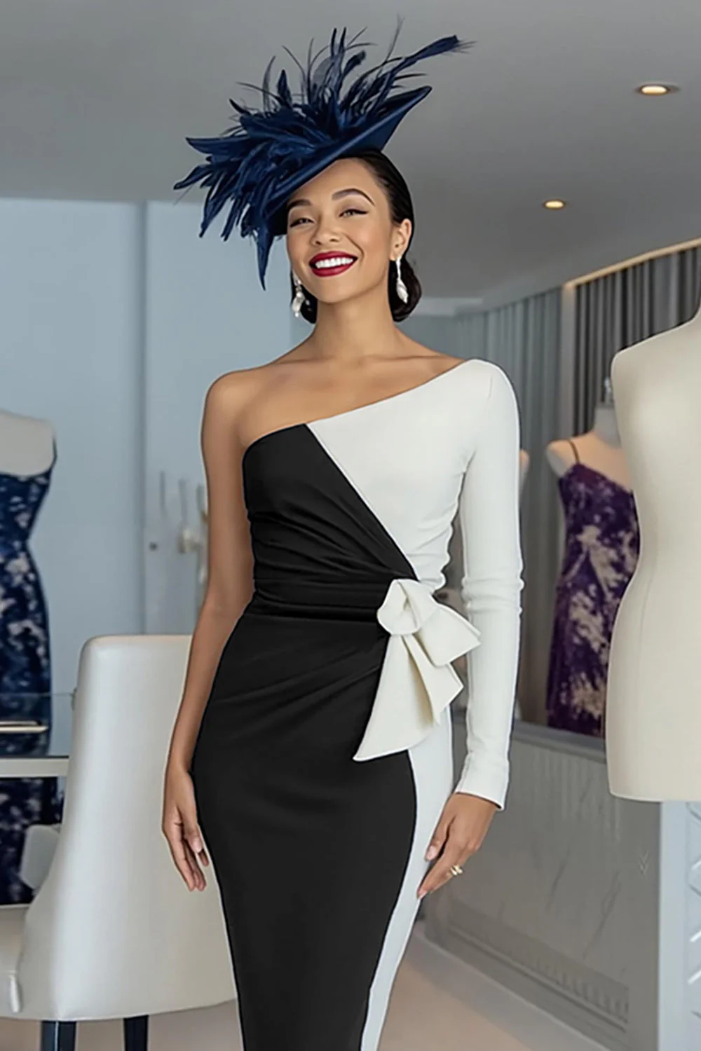 Black and White Sheath One Shoulder Midi Mother Of The Bride Dress - Image 3