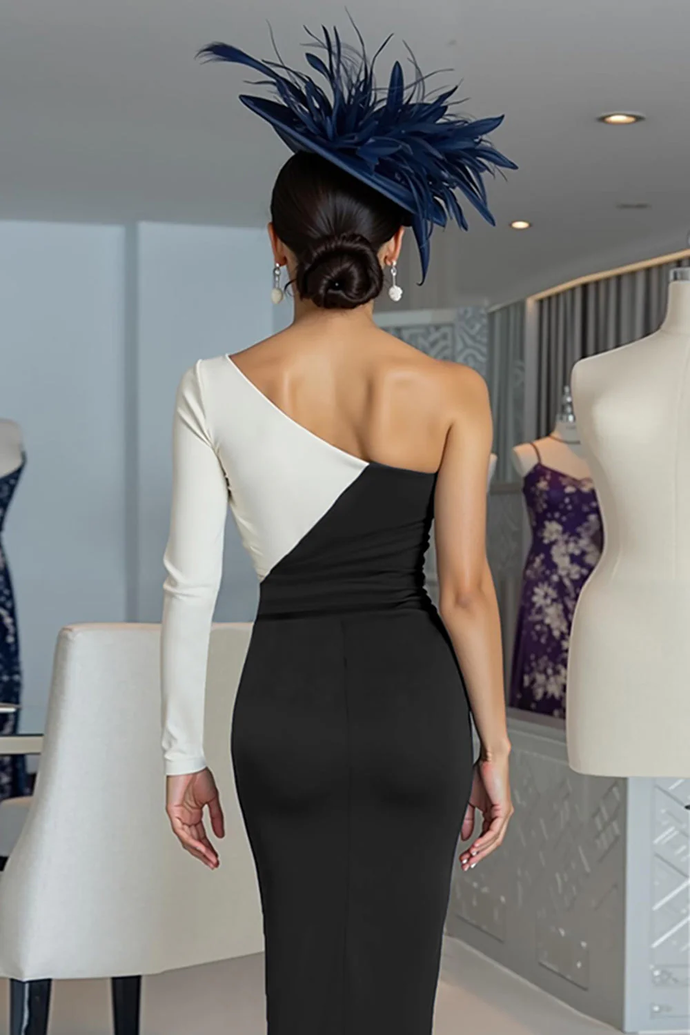 Black and White Sheath One Shoulder Midi Mother Of The Bride Dress - Image 4