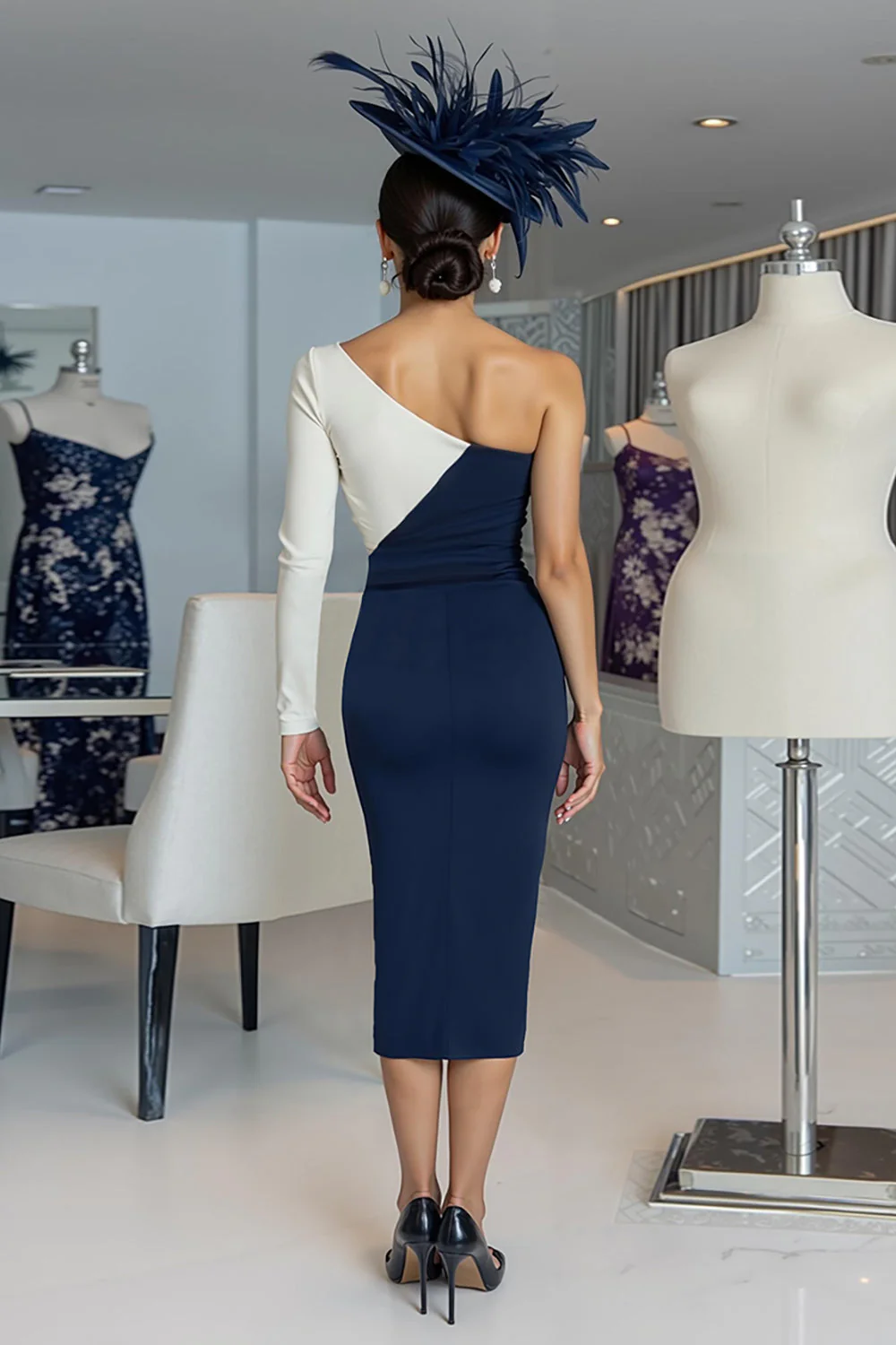 Black and White Sheath One Shoulder Midi Mother Of The Bride Dress - Image 6