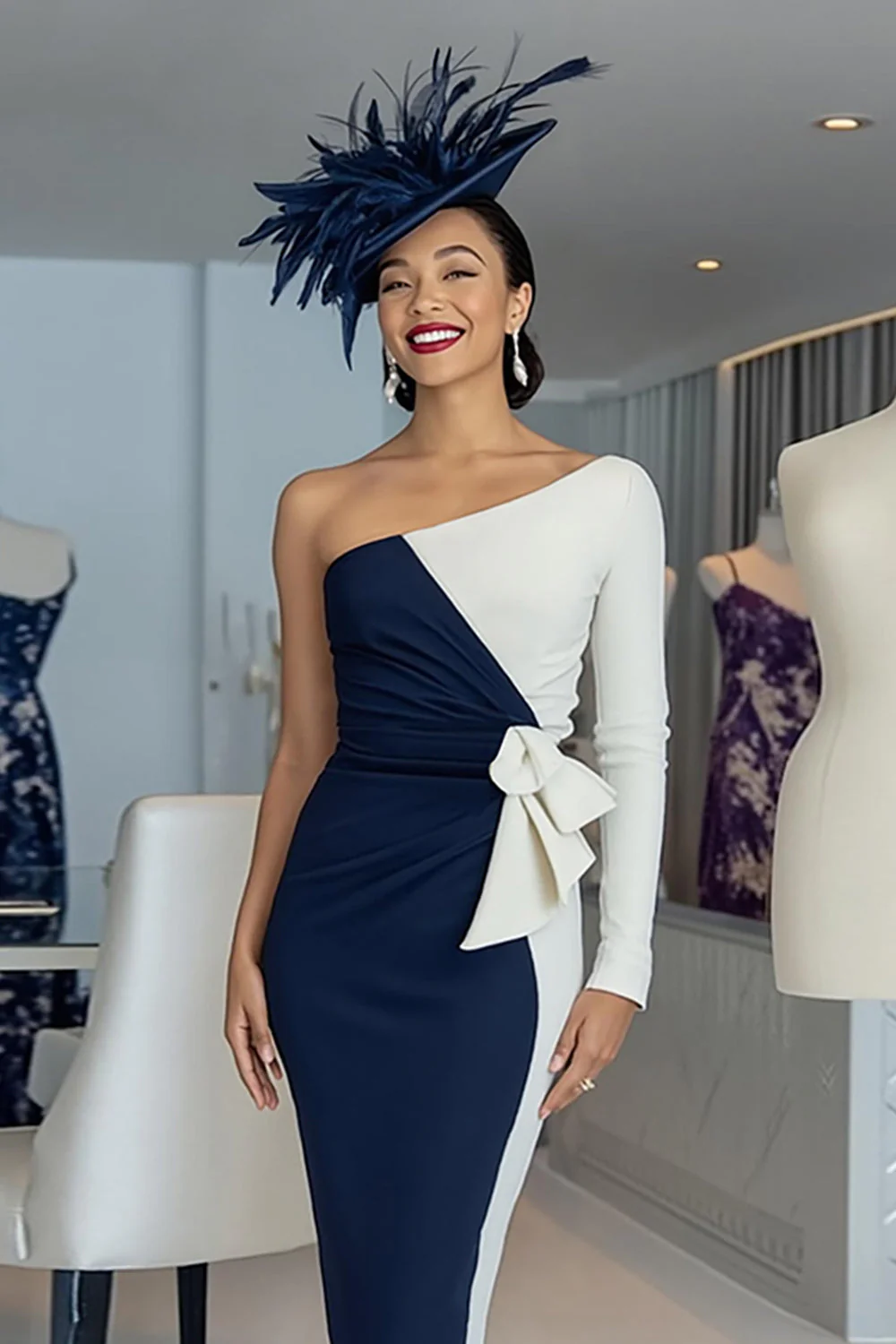 Black and White Sheath One Shoulder Midi Mother Of The Bride Dress - Image 7