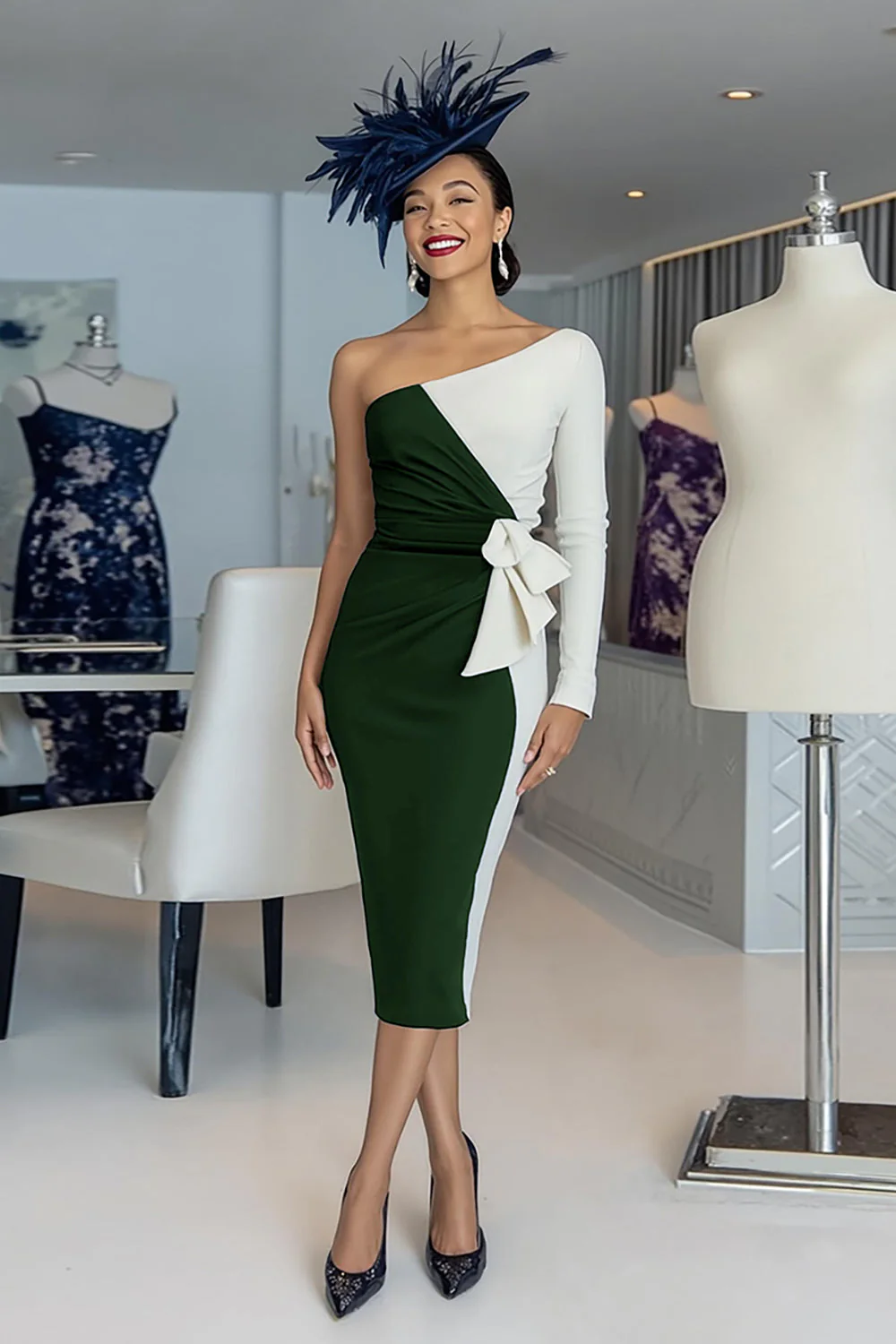 Black and White Sheath One Shoulder Midi Mother Of The Bride Dress - Image 9