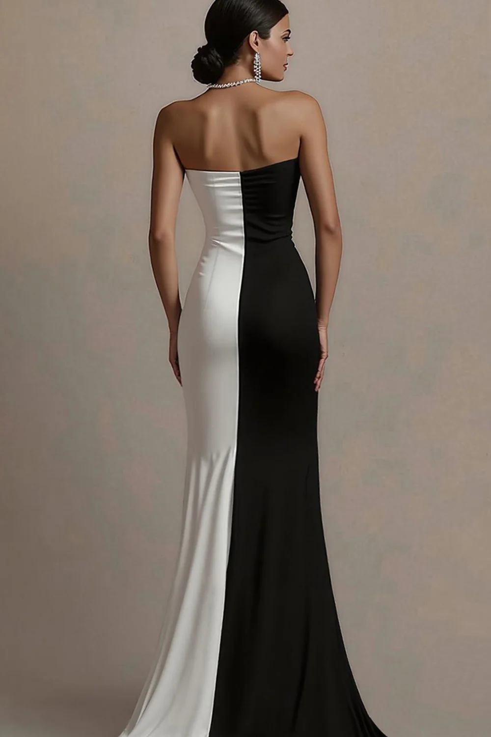 Black and White Sheath Satin Strapless Long Evening Dress with Slit - Image 2