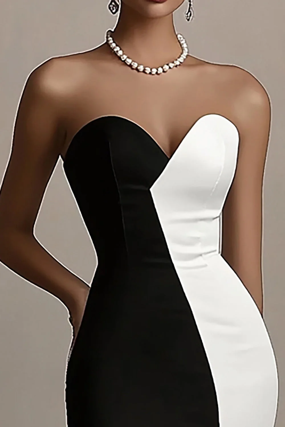 Black and White Sheath Satin Strapless Long Evening Dress with Slit - Image 3