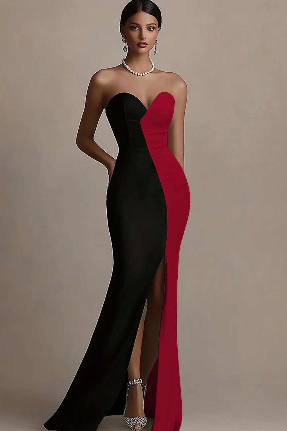 Black and White Sheath Satin Strapless Long Evening Dress with Slit - Image 4