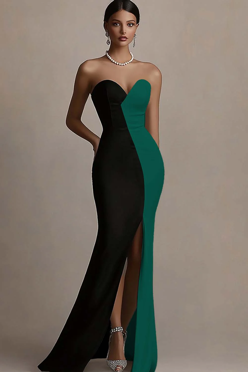 Black and White Sheath Satin Strapless Long Evening Dress with Slit - Image 5