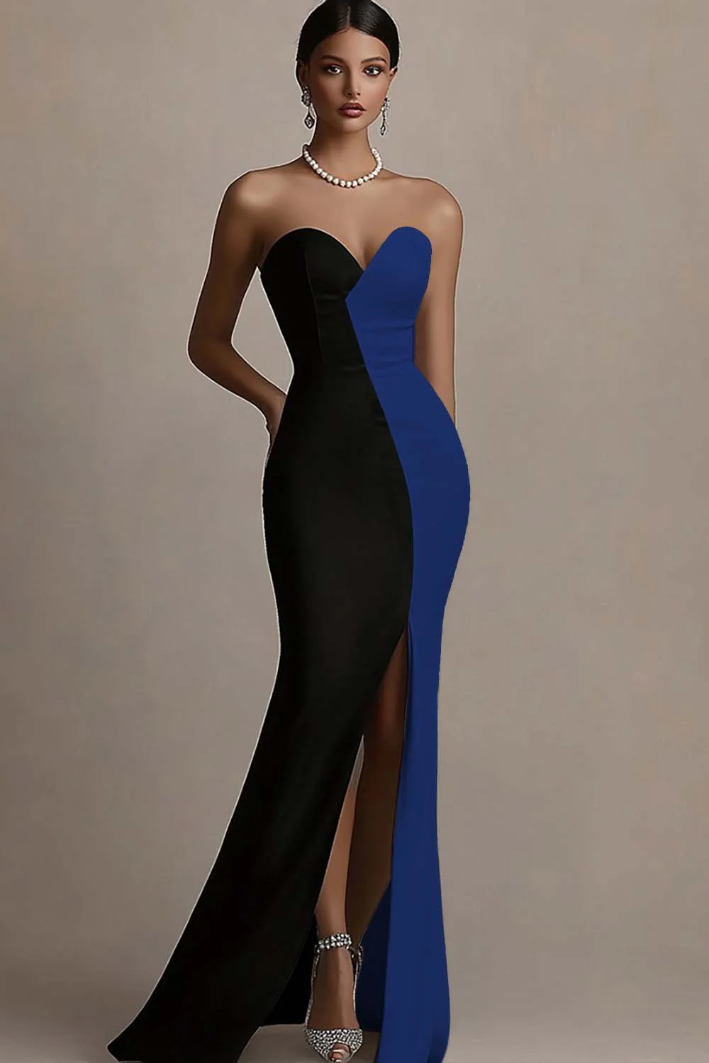 Black and White Sheath Satin Strapless Long Evening Dress with Slit - Image 6
