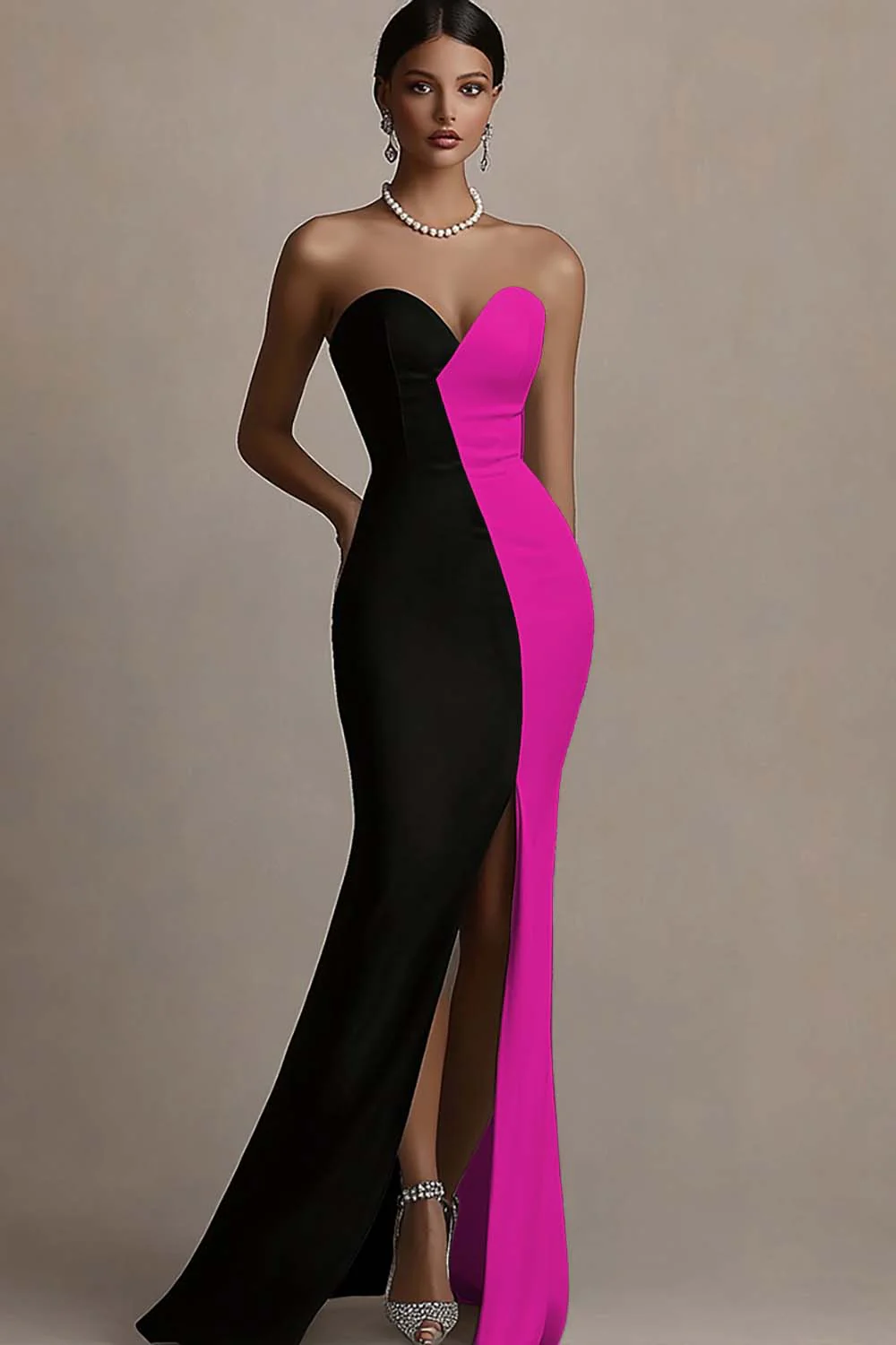 Black and White Sheath Satin Strapless Long Evening Dress with Slit - Image 7