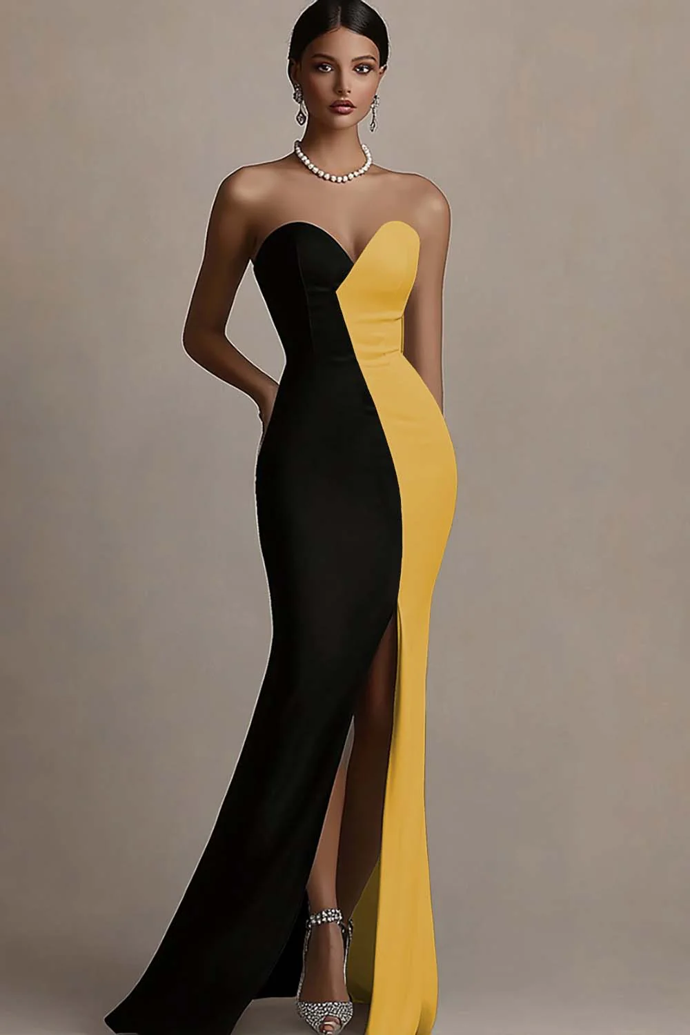 Black and White Sheath Satin Strapless Long Evening Dress with Slit - Image 8