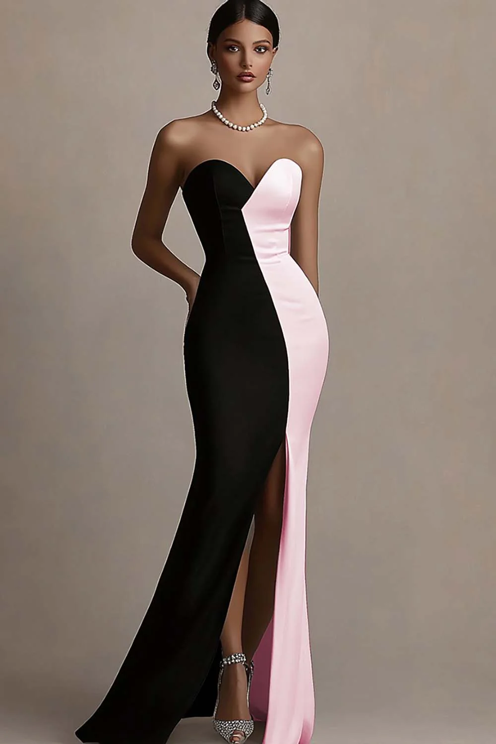 Black and White Sheath Satin Strapless Long Evening Dress with Slit - Image 9