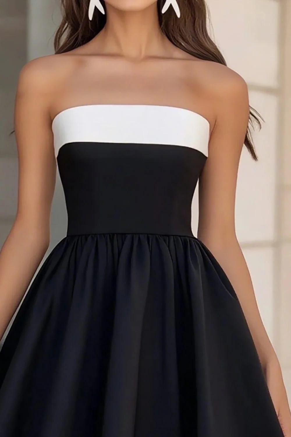 Black and White Strapless A Line Satin Short Cocktail Dress - Image 2