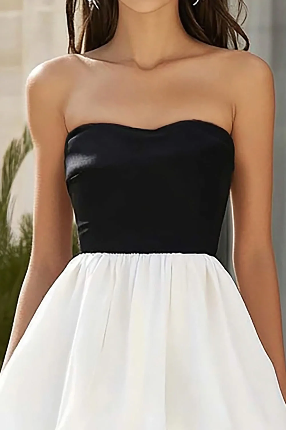 Black and White Strapless Tiered Satin Long Formal Dress - Image 2