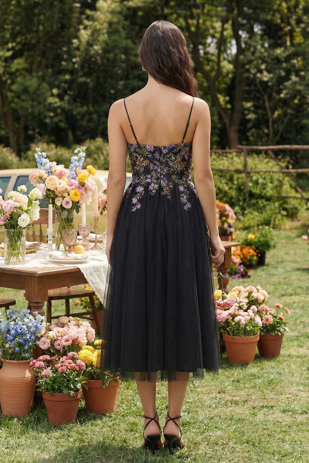 Black A-Line Tulle Spaghetti Straps Midi Dress - Image 2