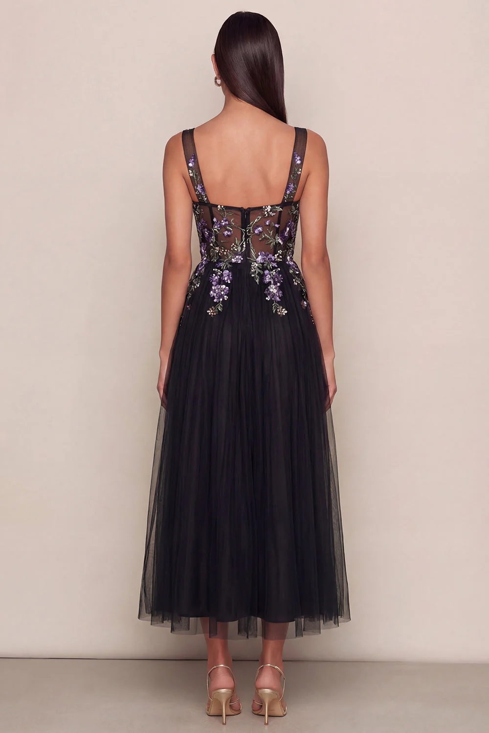 Black Sequins A-Line Tulle Square Neck Midi Dress - Image 2