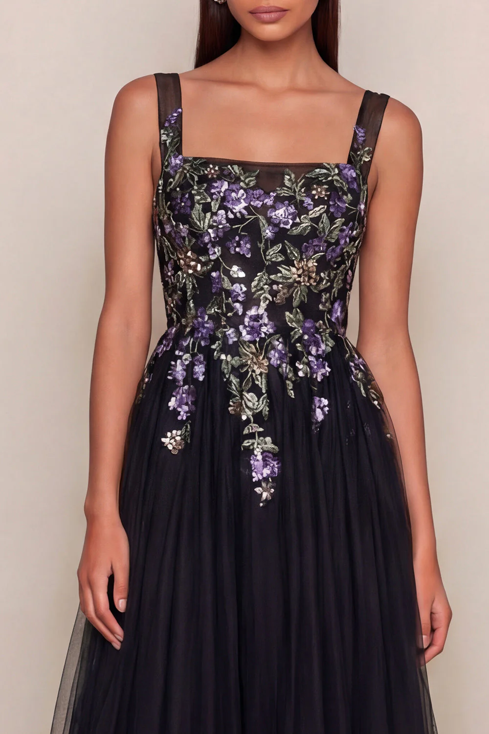 Black Sequins A-Line Tulle Square Neck Midi Dress - Image 3