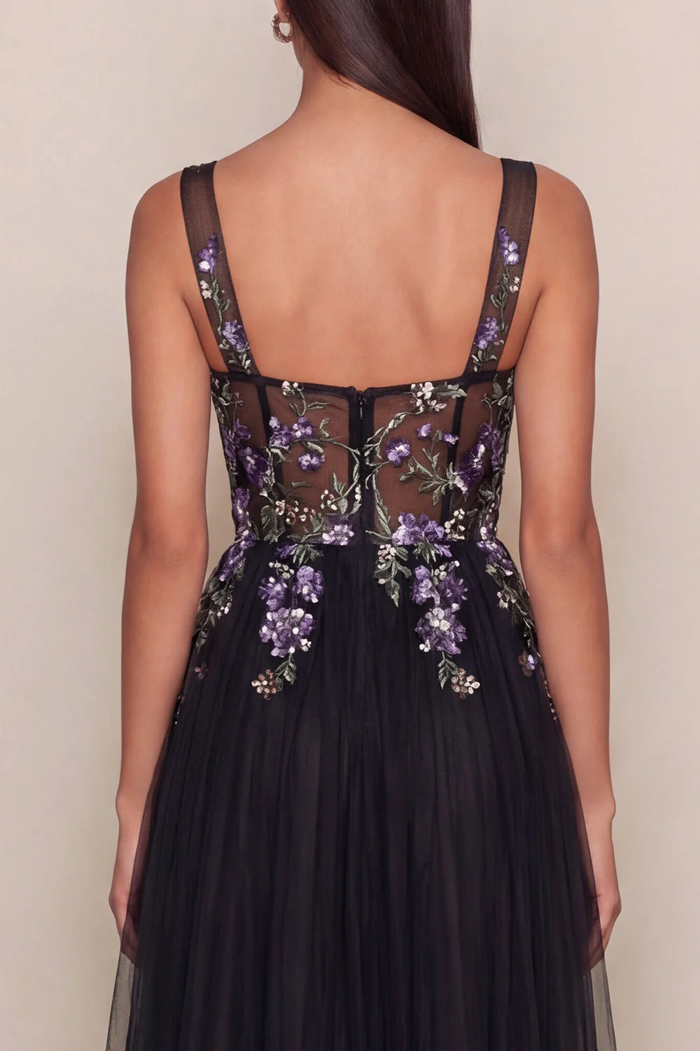 Black Sequins A-Line Tulle Square Neck Midi Dress - Image 4