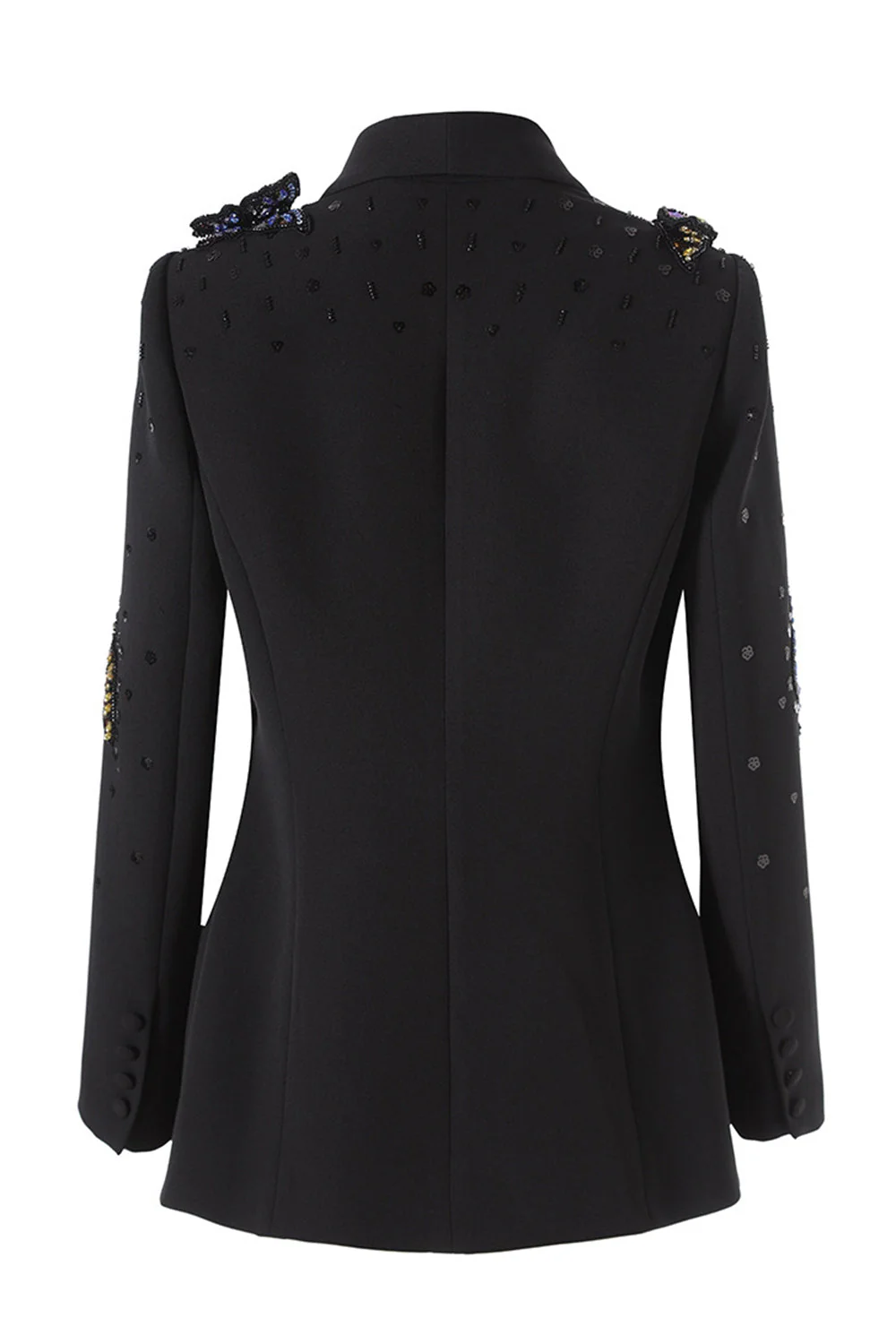 Black Beaded Applqiued One Button Shawl Lapel Blazer - Image 2