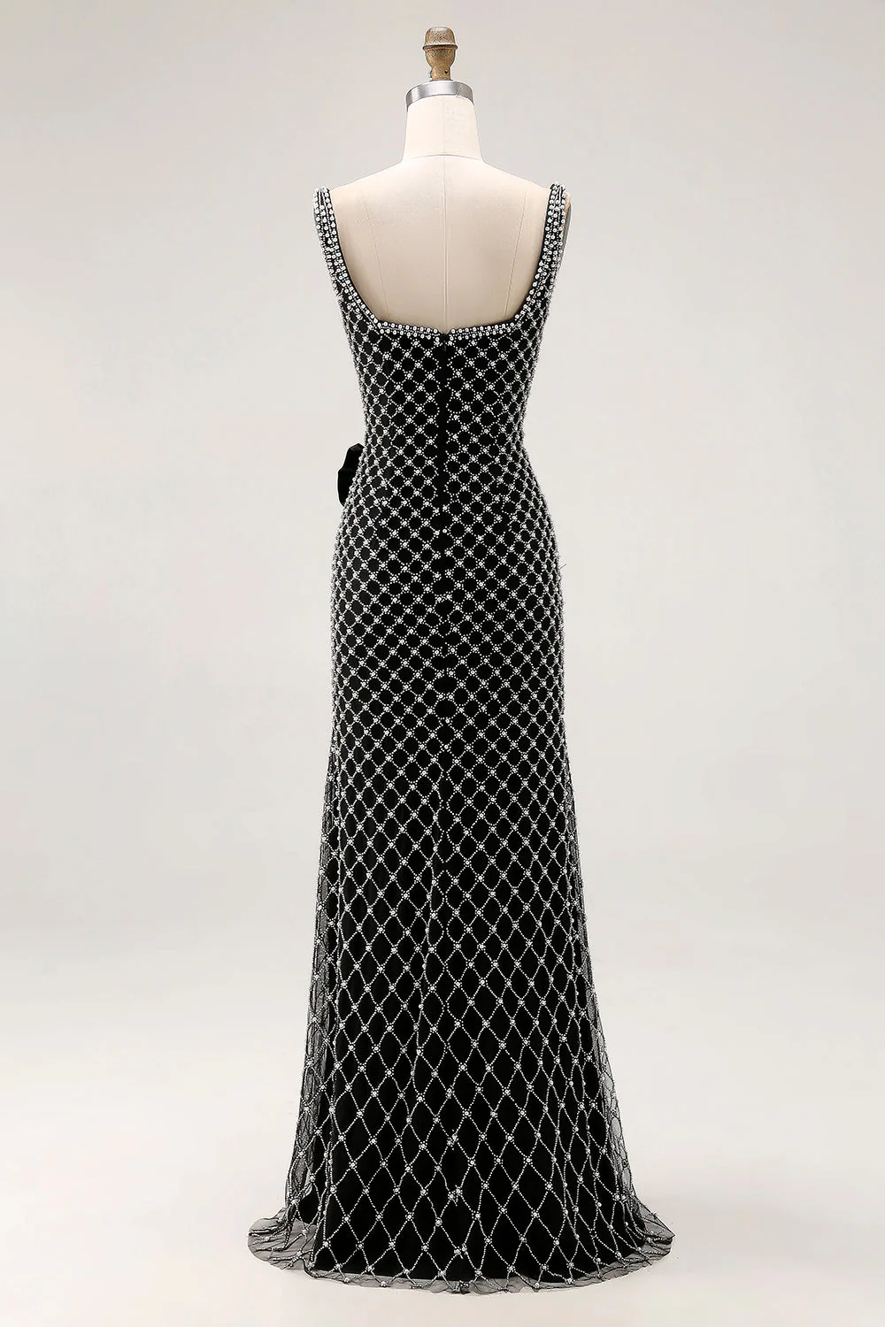 Black Beaded Mermaid Spaghetti Straps Pearl Side Bow Long Prom Dress with Slit - Image 2