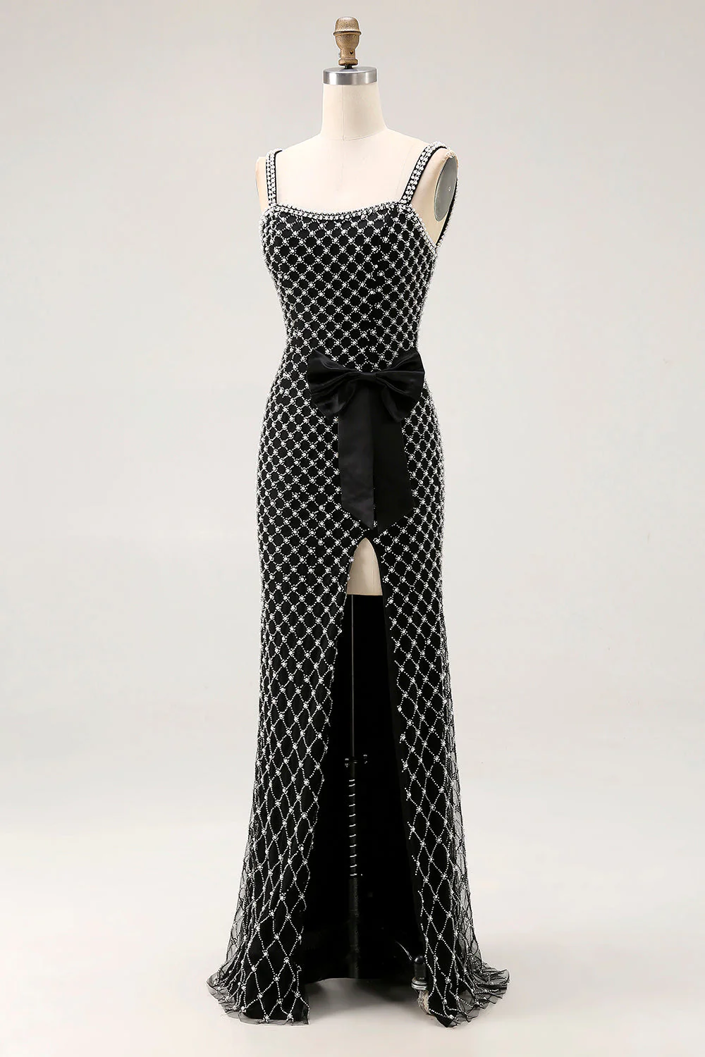 Black Beaded Mermaid Spaghetti Straps Pearl Side Bow Long Prom Dress with Slit - Image 5