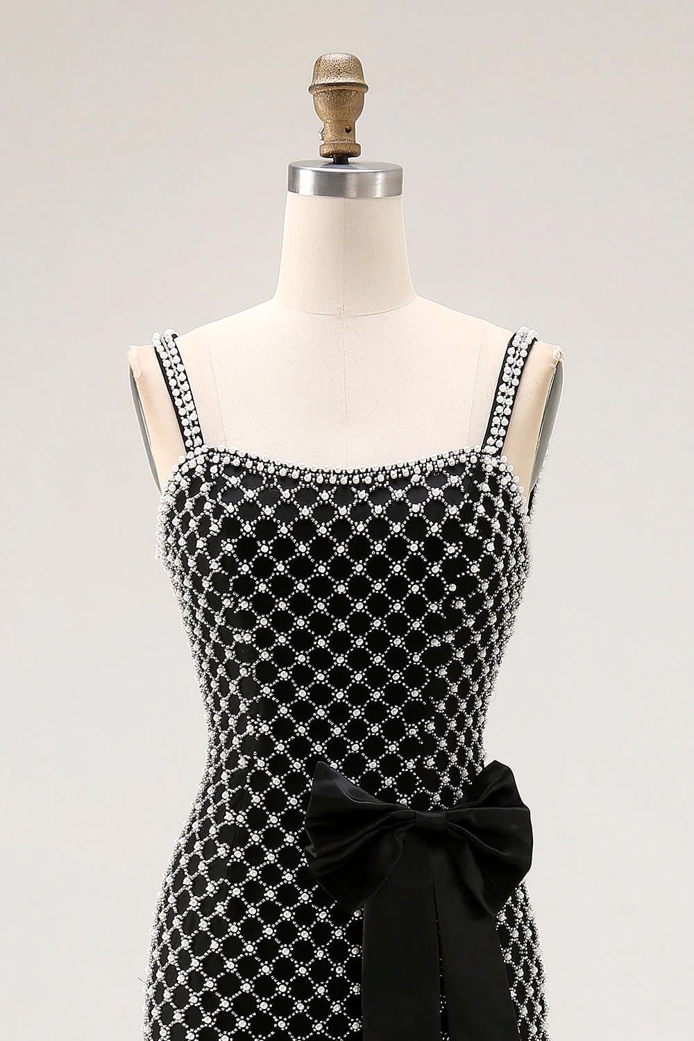 Black Beaded Mermaid Spaghetti Straps Pearl Side Bow Long Prom Dress with Slit - Image 6