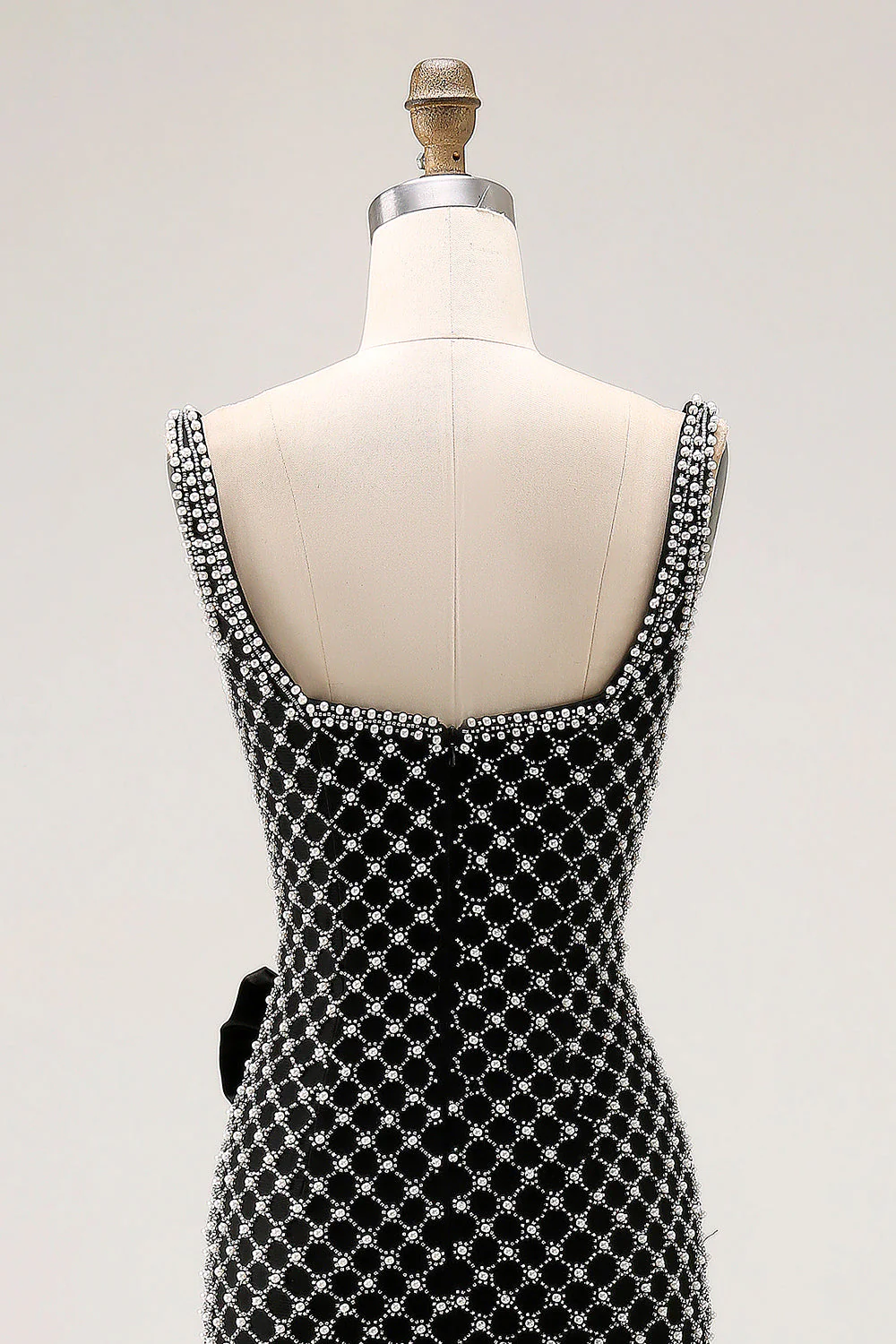 Black Beaded Mermaid Spaghetti Straps Pearl Side Bow Long Prom Dress with Slit - Image 7