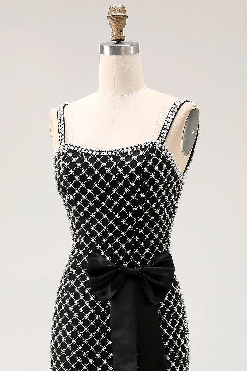 Black Beaded Mermaid Spaghetti Straps Pearl Side Bow Long Prom Dress with Slit - Image 8