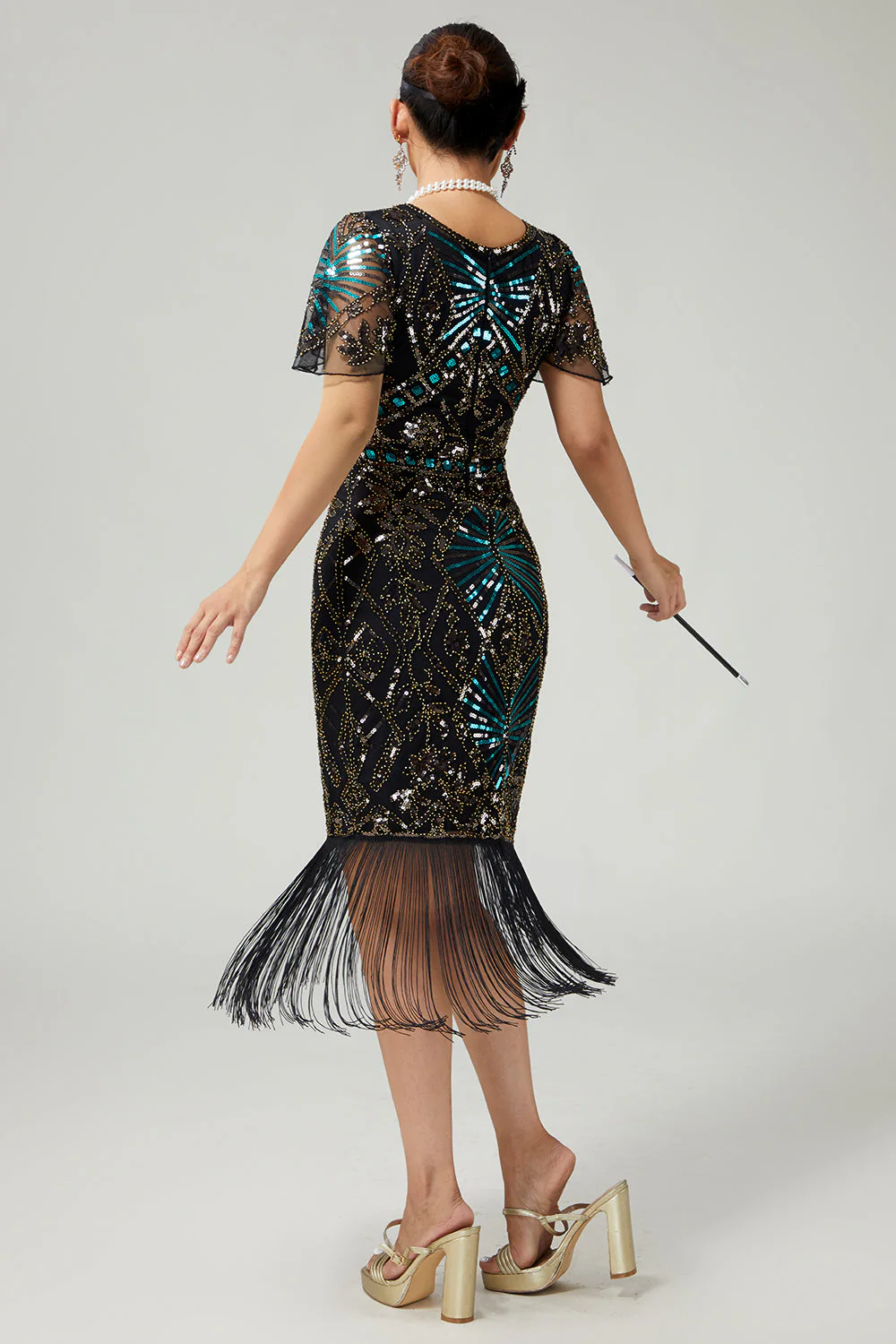 Black Blue Sequin Bodycon Fringed 1920s Dress with with 5-Piece Accessories Set - Image 2
