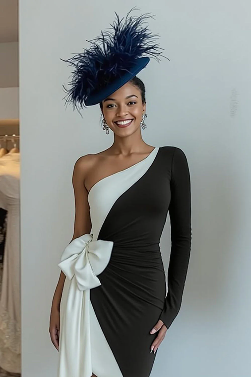Black Bodycon One Shoulder Midi Mother Of The Bride Dress with Bow - Image 3