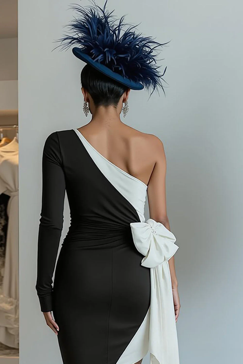 Black Bodycon One Shoulder Midi Mother Of The Bride Dress with Bow - Image 4