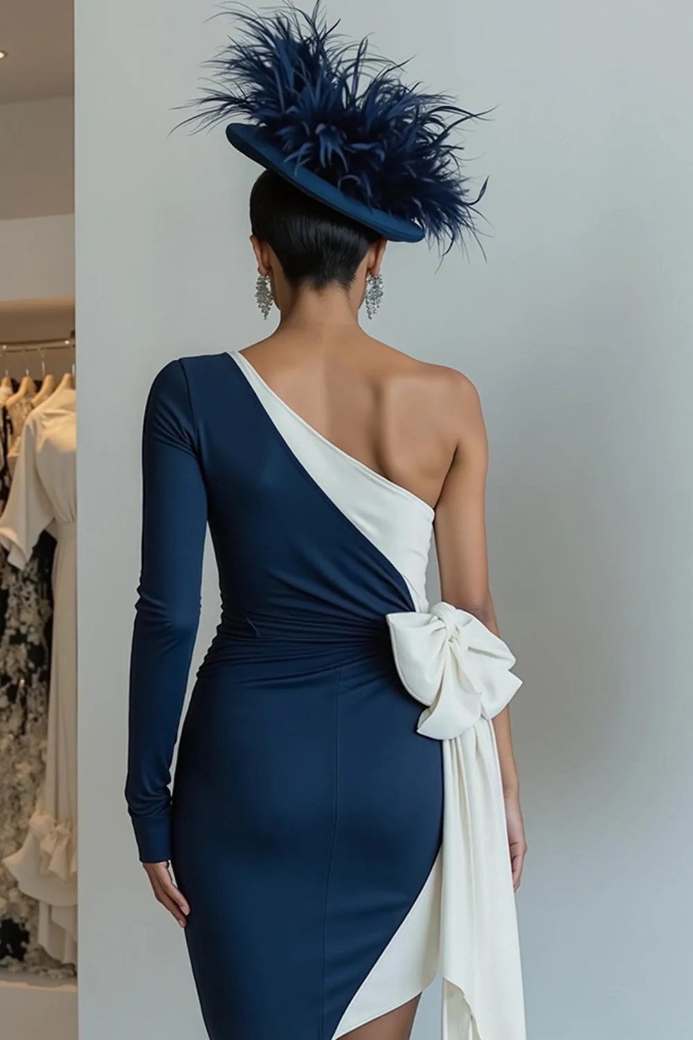 Black Bodycon One Shoulder Midi Mother Of The Bride Dress with Bow - Image 8