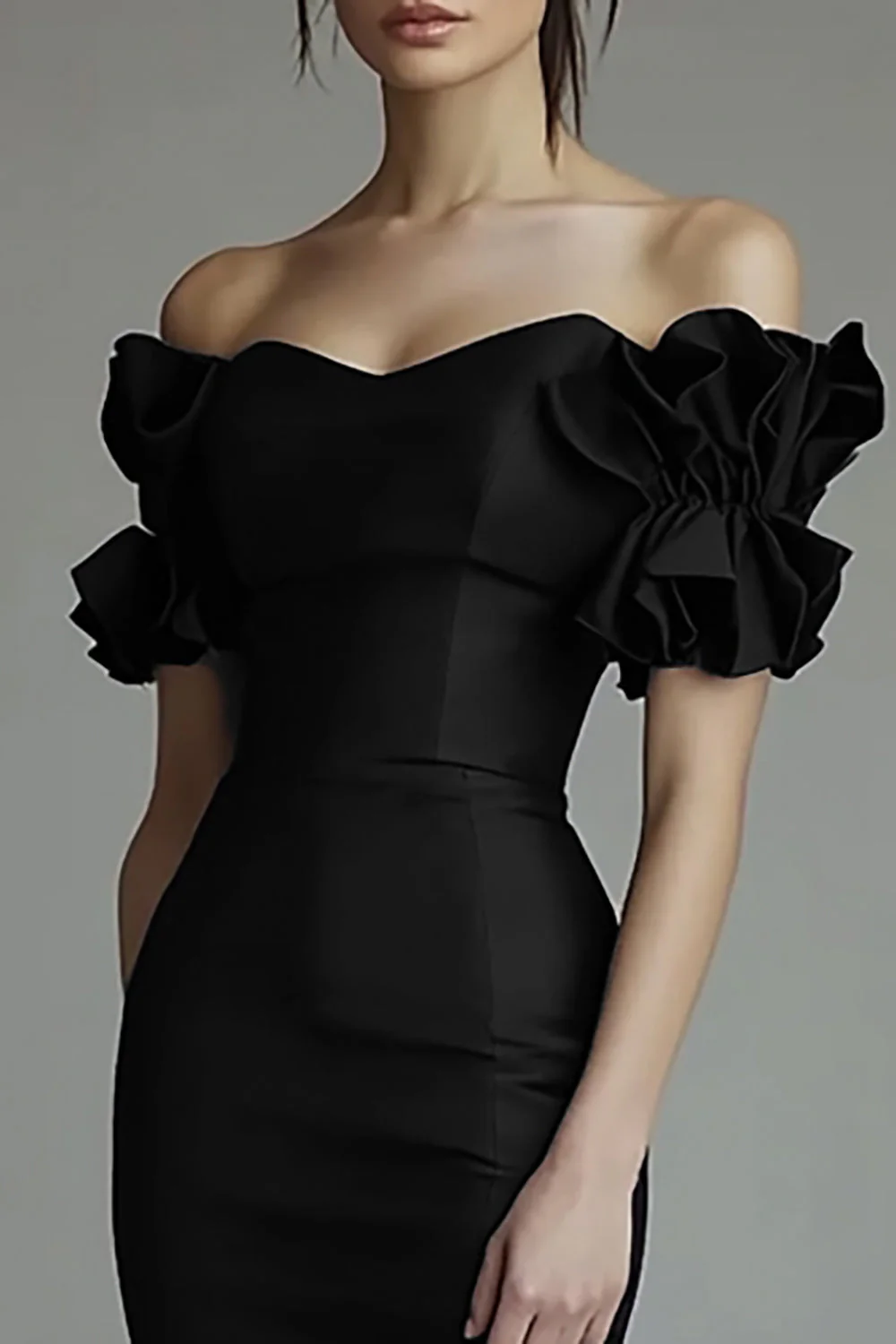 Black Bodycon Satin Short Cocktail Dress with Ruffles - Image 2
