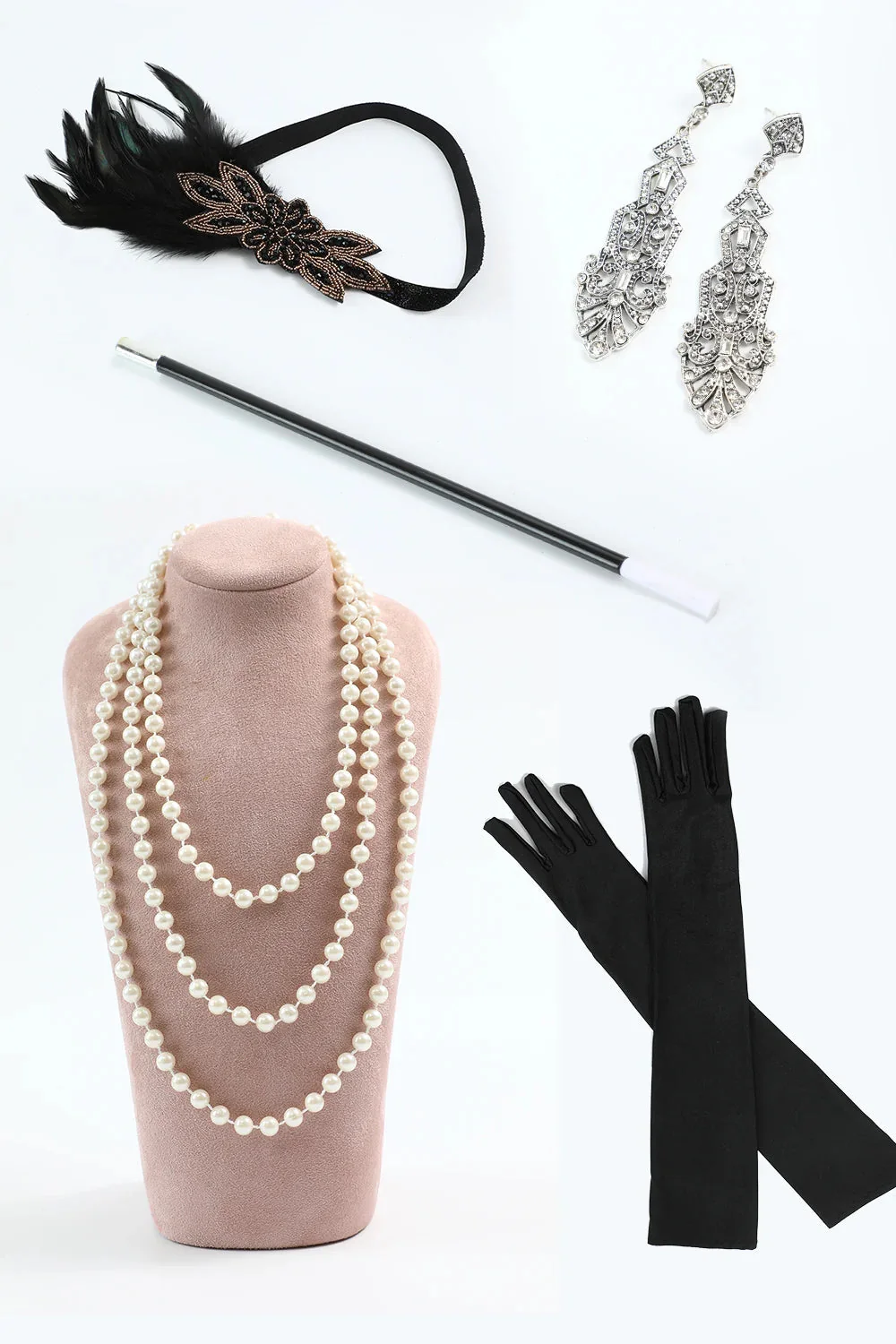 Black Bodycon Sequins Fringed 1920s Dress With 5-Piece Accessories Set - Image 3