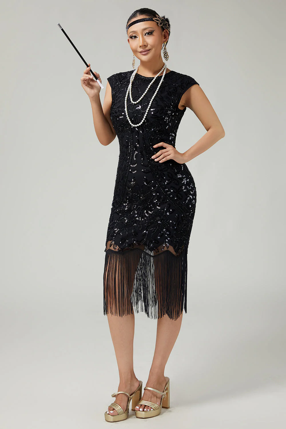 Black Bodycon Sequins Fringed 1920s Dress With 5-Piece Accessories Set - Image 7