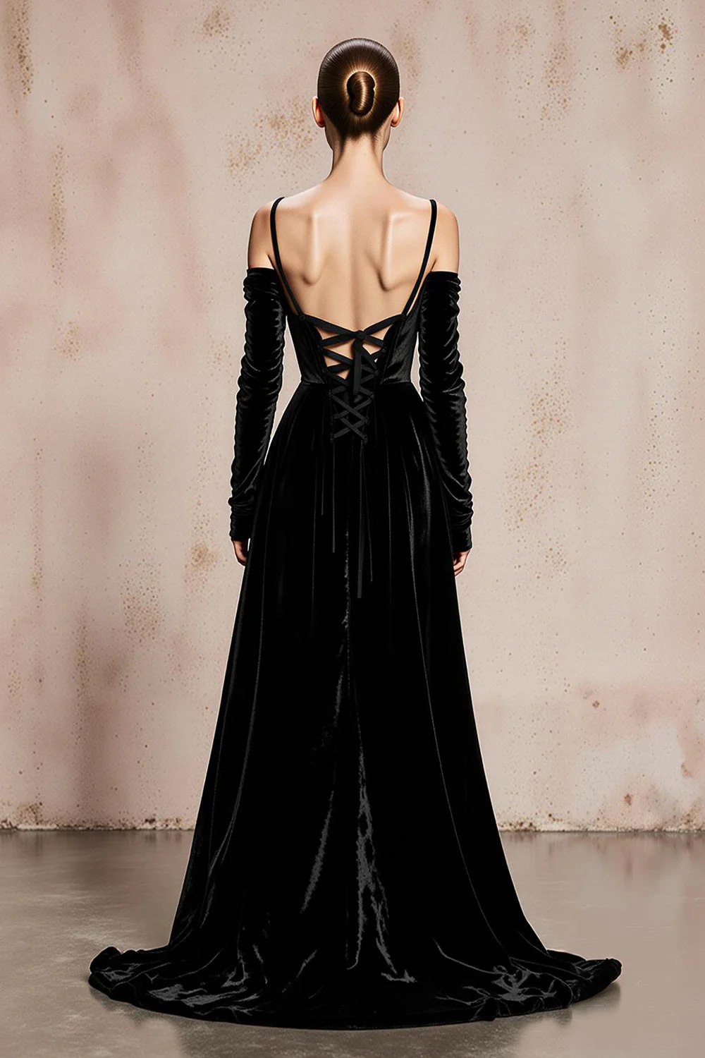Black Cold Shoulder A-Line Velvet Long Sleeves Military Ball Dresses - Image 2