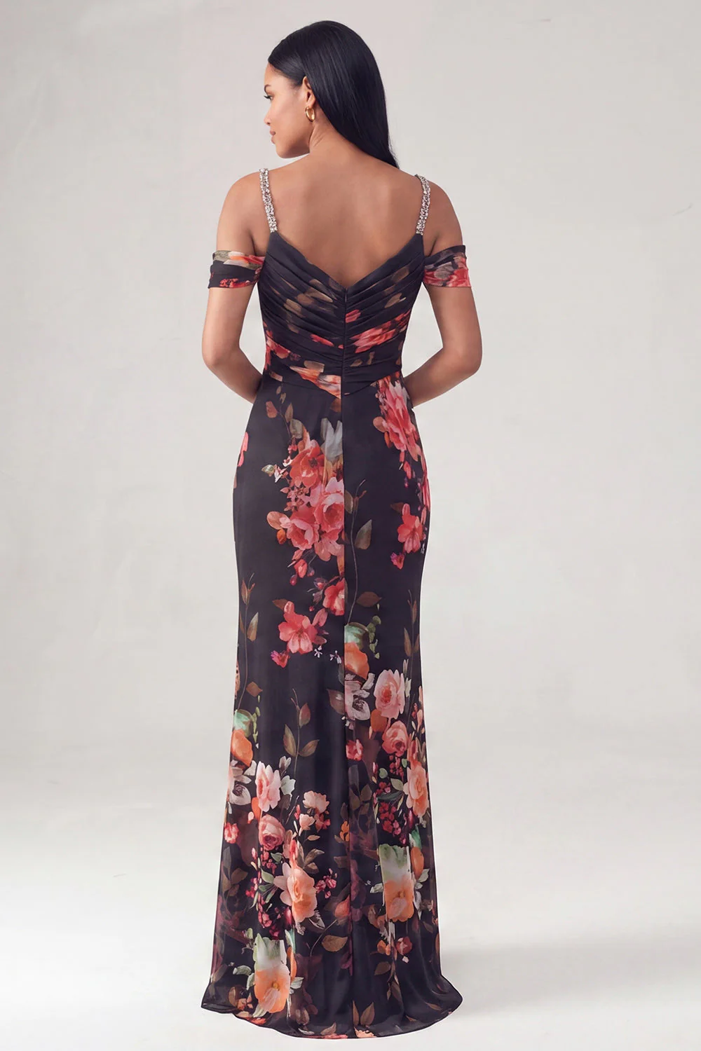 Black Cold Shoulder Sheath Ruched Floral Dress - Image 2