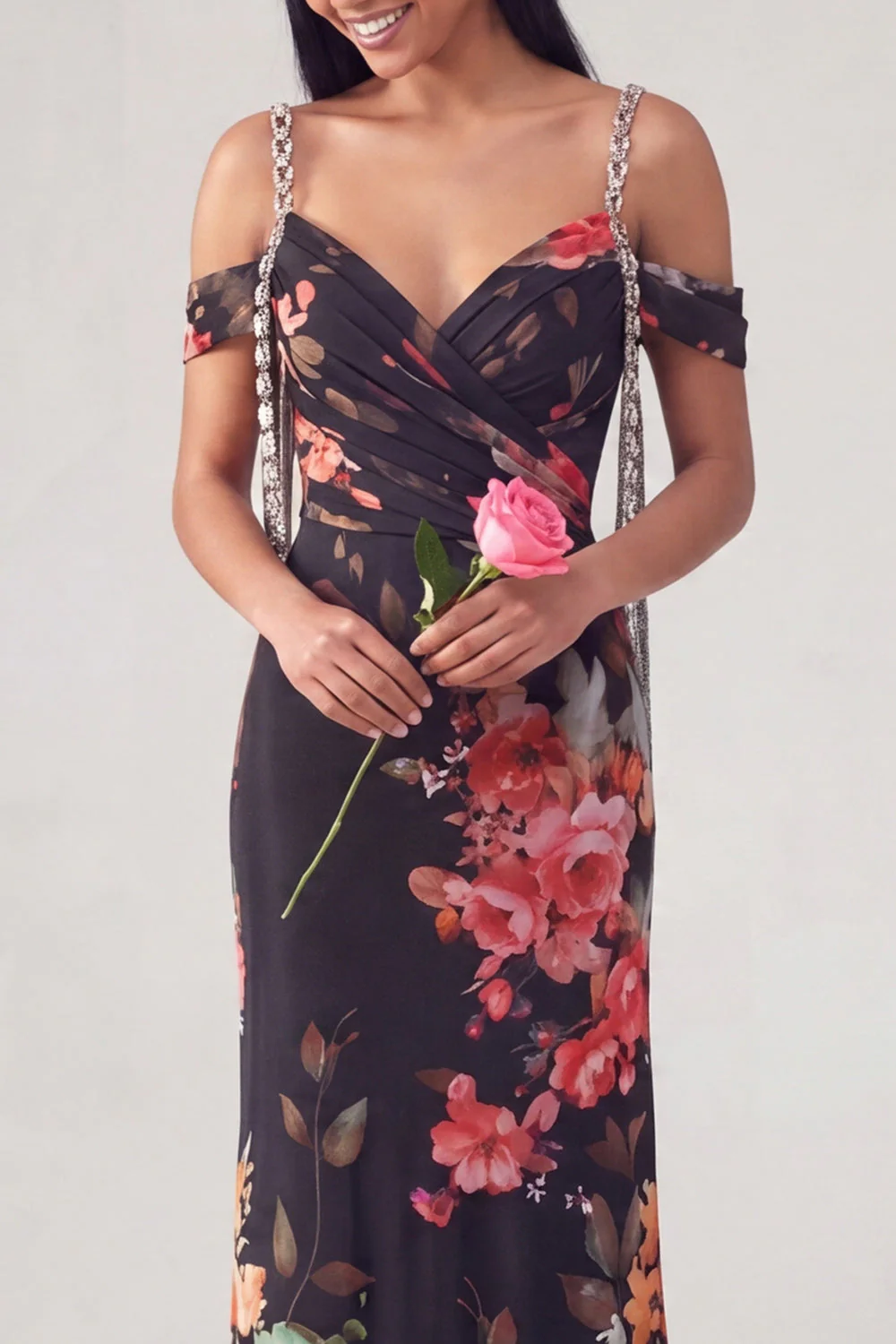 Black Cold Shoulder Sheath Ruched Floral Dress - Image 3